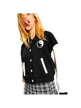 HIPPIE ROSE YIN YANG FLEECE BOMBER VARSITY STYLE JACKET COLORBLOCK LARGE EUC